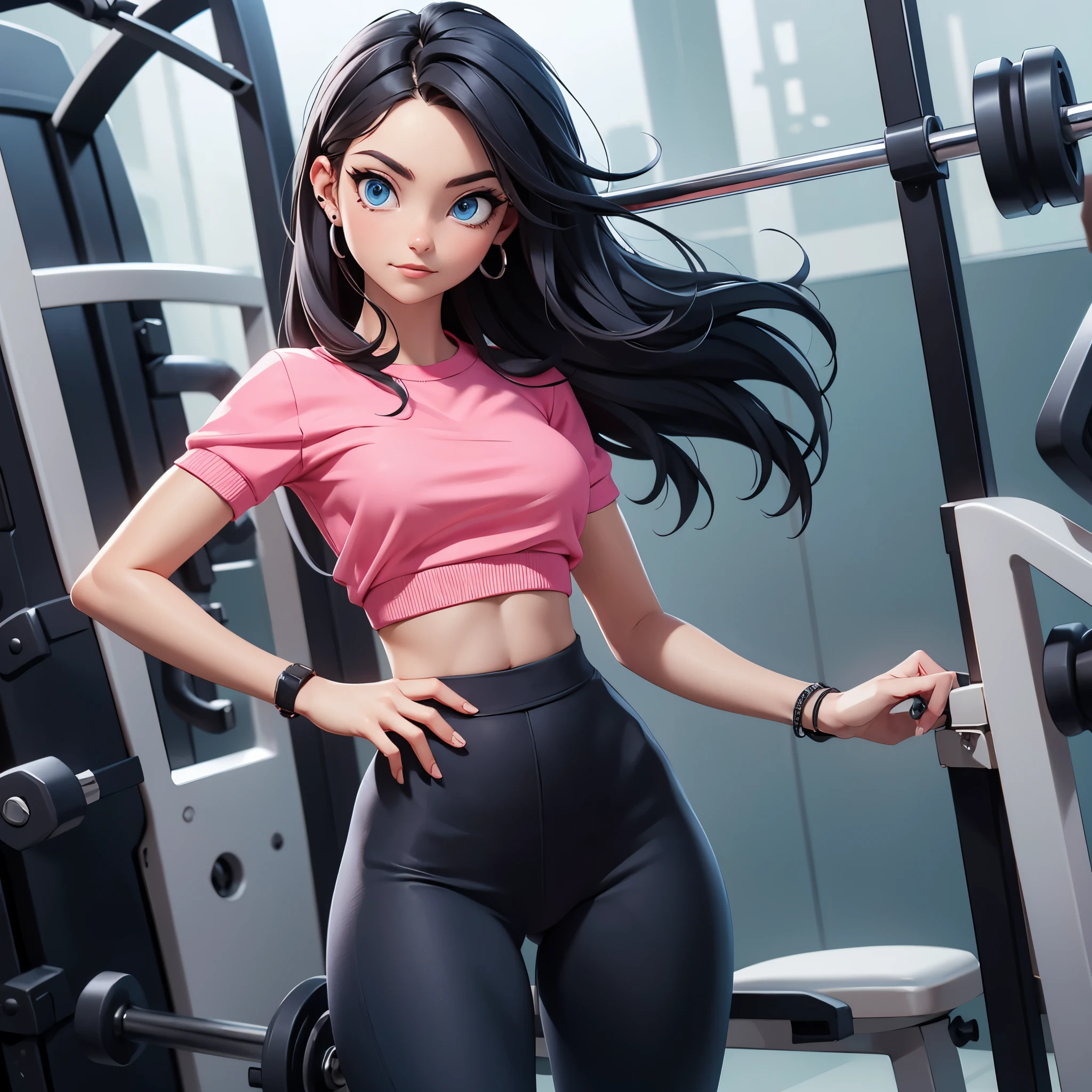 A slim white girl with a European appearance, long, straight black hair worn loose, and piercing blue eyes is at the gym. She wears a pink top and dark blue leggings that accentuate her curves. She moves with confidence and grace, drawing attention as she works out.