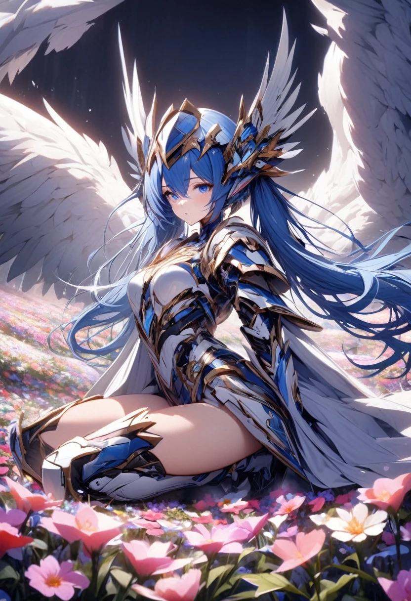 High quality, high definition, hig
h precision images,8k 1 Girl Robot Girl、Blue hair,Twin tails,blue eyes、A field of flowers,
,Blue and white clothing,He's wearing flashy robot armor、luxurious headgear、Kneel up on one knee in the flower field sit close your eyes I pray with my hands folded in front of my face.Bright light in the background

