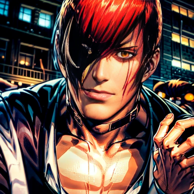 (Perfect details,masterpiece, Good details),(Good lighting, arms held like a cat、 Perfect details, Perfect eye details, Perfect anatomy details,(Iori Yagami, King of Fighters,), Iori Yagami, KOF,(original design：Yagami-an,),A perfect move with no mistakes, エラーのないPerfect details, Excellent anatomical details, Redhead,Sharp Eye