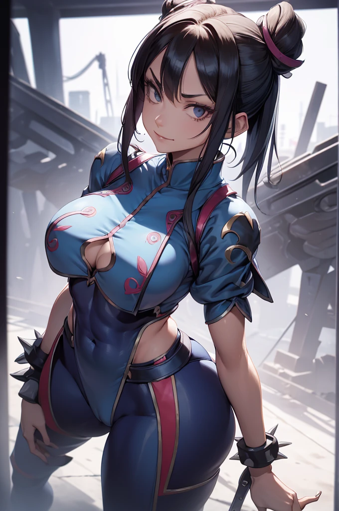 melhor qualidade,roupa azul,juri han,solo, masterpiece, best quality, agrias, grey sweater, black leotard, standing, looking at viewer, short hair,oculos,evil smile, evil look,luvas preta,roupa azul,yandere rosto,low lighting,coxa sarada copo detalhado,olhando para frente juri han,bela
