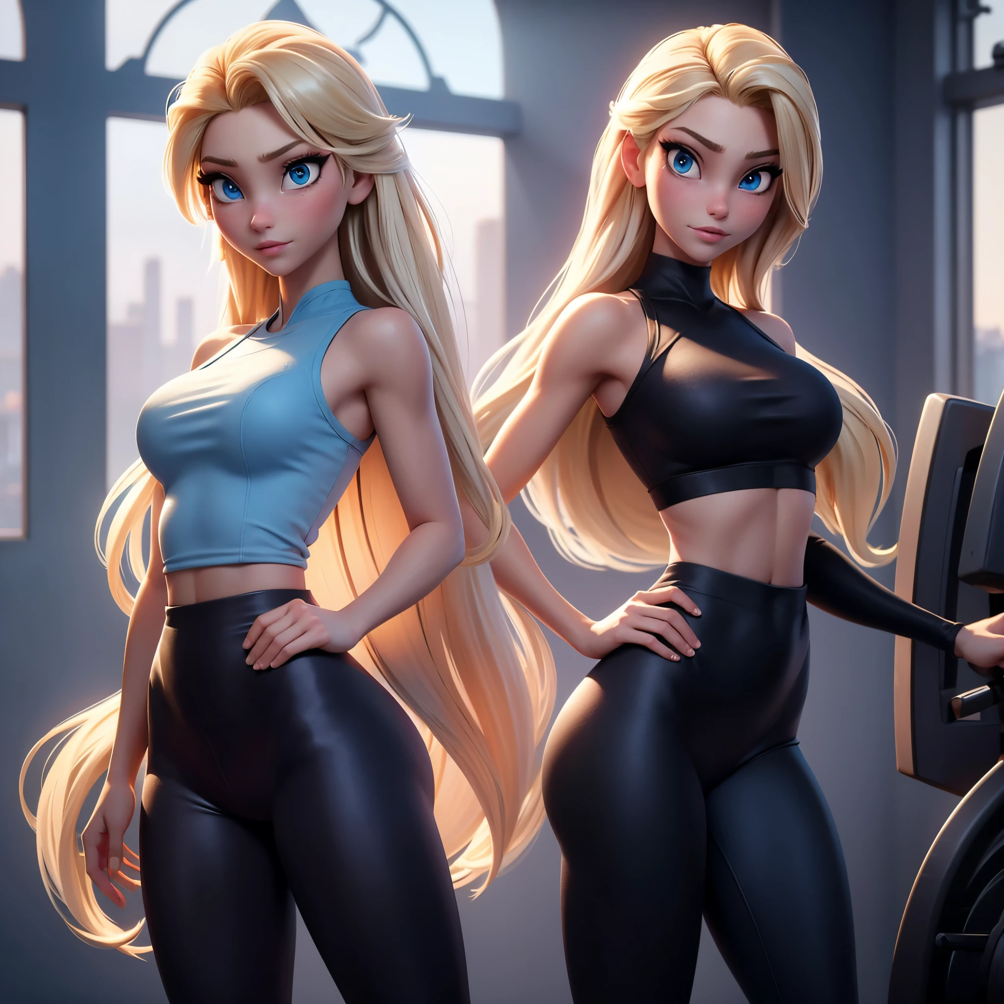 A elsa frozen young blonde girl with blue eyes is in the gym, wearing black leggings that highlight her slim waist and wide hips. She is focused on her training, displaying a confident and sexy posture while performing your exercises, gym, 