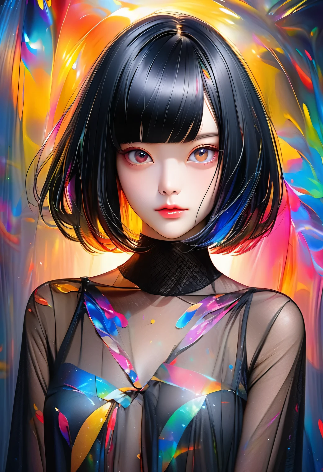 multiple exposure, raw photo:1.2, masterpiece, highest quality, 16k, unbelievably absurd, very detailed, perfect beauty, (oil painting style), (sheer negligee), beautiful cute girl, jet black bob cut, drooping eyes, professional lighting, vibrant colors, illustration portrait,