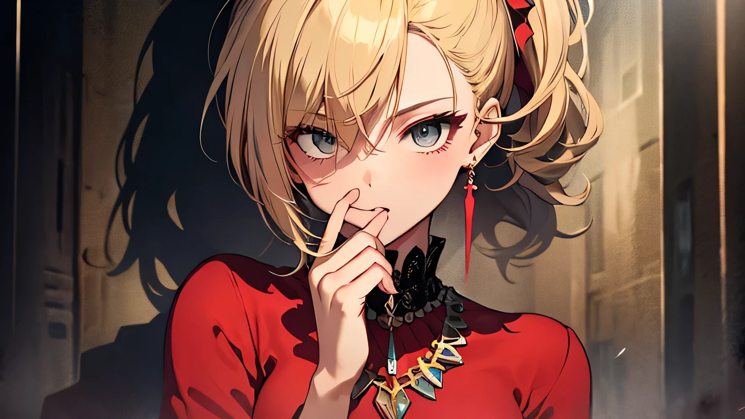 ((highest quality)), ((masterpiece)), (detailed), Perfect Face、Surprised、Cover your mouth with your hands、blonde、Smooth Hair、ponytail、earring necklace、Red dress、