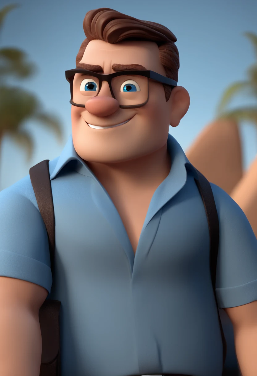 Cartoon character of a man in black glasses and blue shirt, um personagem animado, Caractere estilizado, animation style rendering, 3D estilizado, Arnold Maya rendering, Stylized 3D rendering, toon render screenshot, Personagem 3D, Personagem 3D, Stylized 3D rendering, 3D character rendering, personagem de desenho animado, Personagem de close up, Pose de personagem, (Estilo Pixar) (parte mestre:1.2) (Bokeh) (melhor qualidade) (pele detalhada) (textura detalhada) (8K) (argila) (cinematic lighting) (sharp focus,Senta e vaza a parte superior do corpo