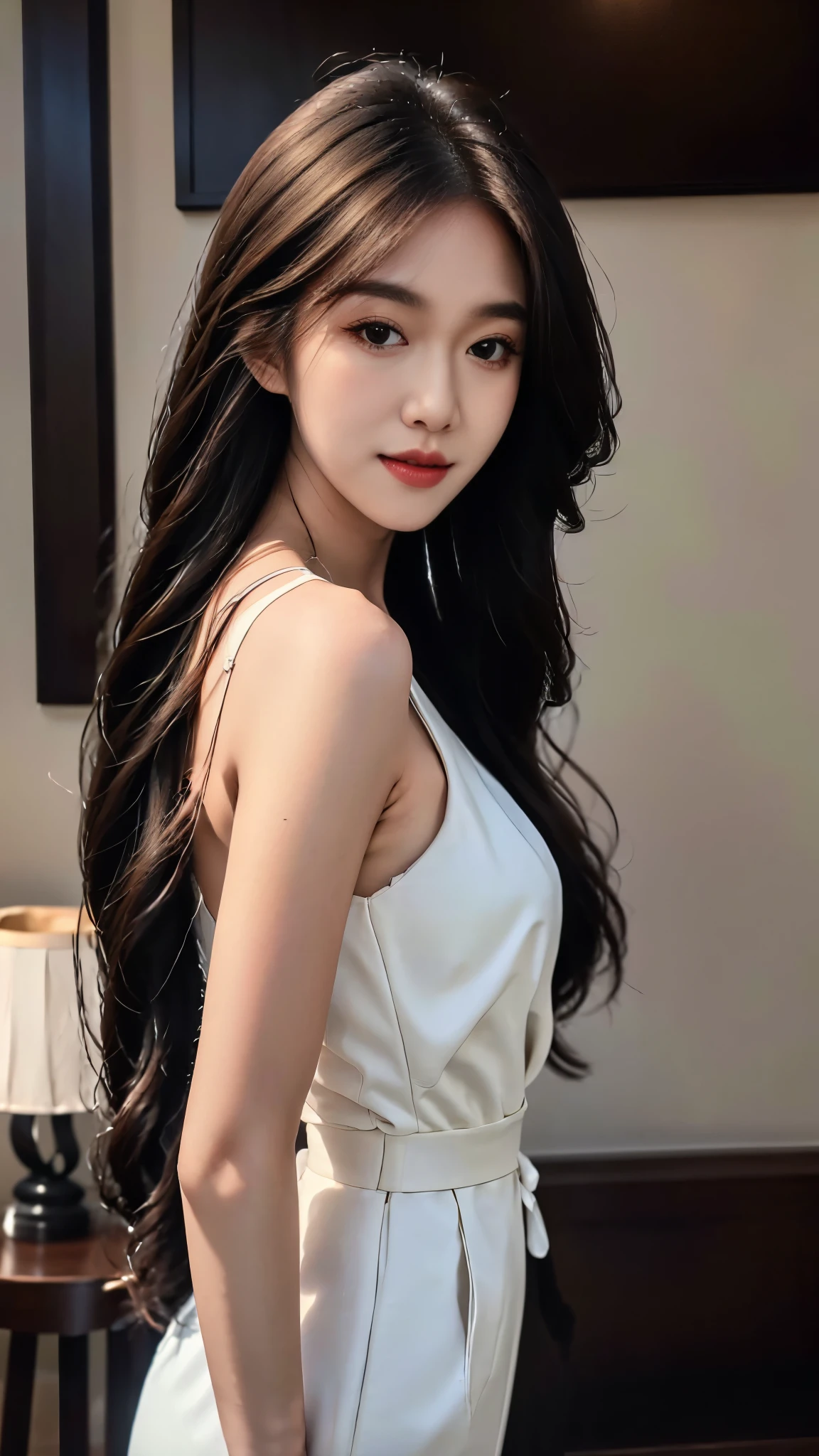 best quality,Masterpiece,Ultra high resolution,(real:1.4),original photo,ultra high definition,8ก,perfect girl,in the dark,High image quality,black hair,His long hair falls over his shoulders.,beach wave hairstyle,Moist red lips,มนุษย์ที่real,CG rendering