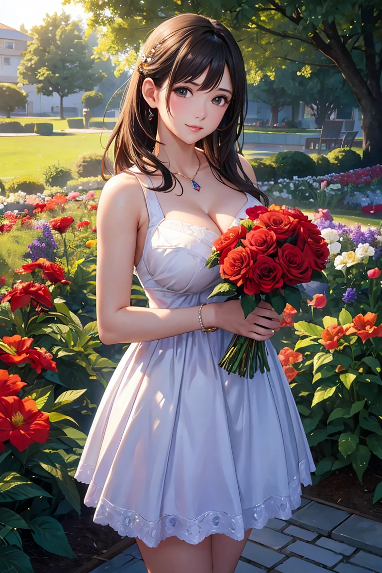 highest quality, (Ultra-high definition 4K), (Ultra High Resolution 8K), Photorealistic, Bright colors, High-definition facial beauty, Beautiful Hair, ((Lip gloss)), (Big and ample breasts), pretty girl, Standing model, Holding a bouquet of red flowers in both hands, Diamond Necklace, Lavender violet dress with beaded embroidery, garden, Flowers, sunlight, Gentle breeze, (Soft lighting, Rendered), Moderate: oil, 35mm f/1.8, Photographed with Sony FE GM