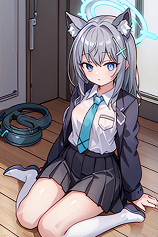 shiroko_bluearchive, wolf ears, birth_egg,school uniform, full body,sit on the floor,