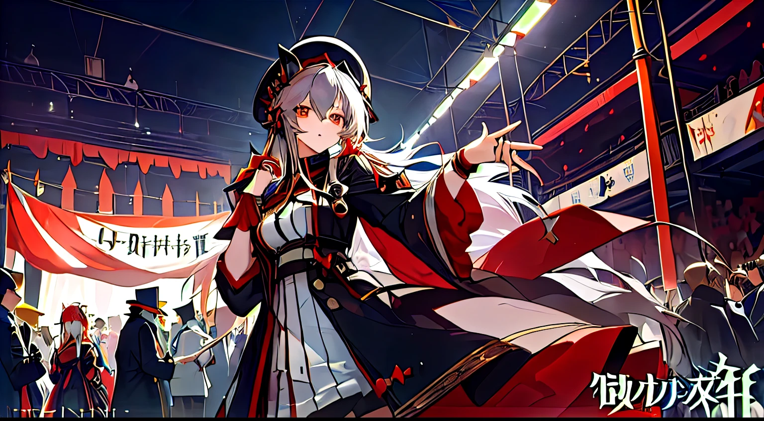 anime anime character with a hat and a crowd of people, circural, kawacy, anime key visual of elegant, inspired by Li Chevalier, from arknights, anime cover, from girls frontline, l vampire, ( ( ( anime ) ) ), ring leader, hand on hat, middle, circus leader, professional, magician, performer, entertainer, german, germany