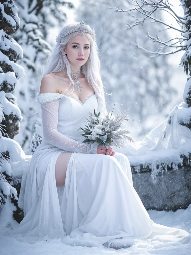 araffes is sitting in the snow with a white dress, goddess of winter, queen of winter, winter princess, white witch, beautiful ancient frost witch, ice queen, dressed in a beautiful white, pale snow white skin, queen of ice and storm, a beautiful woman in white, the ice queen, beautiful elven princess, ethereal beauty, ice sorceress