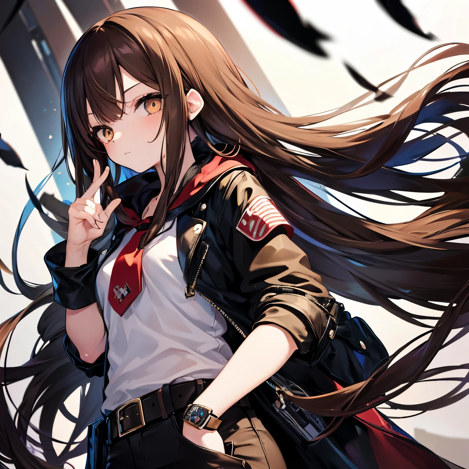 Anime girl, Long brown hair, Brown eyes, patch on right eye, mafia, with a pistol, in black, 15 years