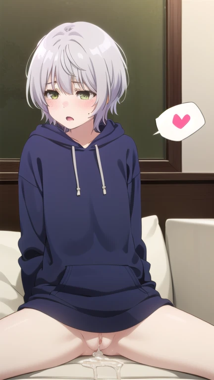 highest quality, masterpiece, One Girl, Grey Hair, Green hoodie, Yellow Eyes, flustered, spread legs, sitthing, cum in pussy, bottomless, pussy juice, ahegao, spoken heart, skinny body, show off pussy, hotel room sofa, from the front