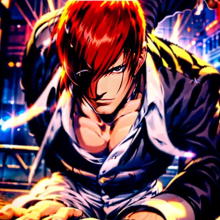 (Perfect details,masterpiece, Good details),(Good lighting, arms held like a cat、 Perfect details, Perfect eye details, Perfect anatomy details,(Iori Yagami, King of Fighters,), Iori Yagami, KOF,(original design：Yagami-an,),A perfect move with no mistakes, エラーのないPerfect details, Excellent anatomical details, Redhead,Sharp Eye