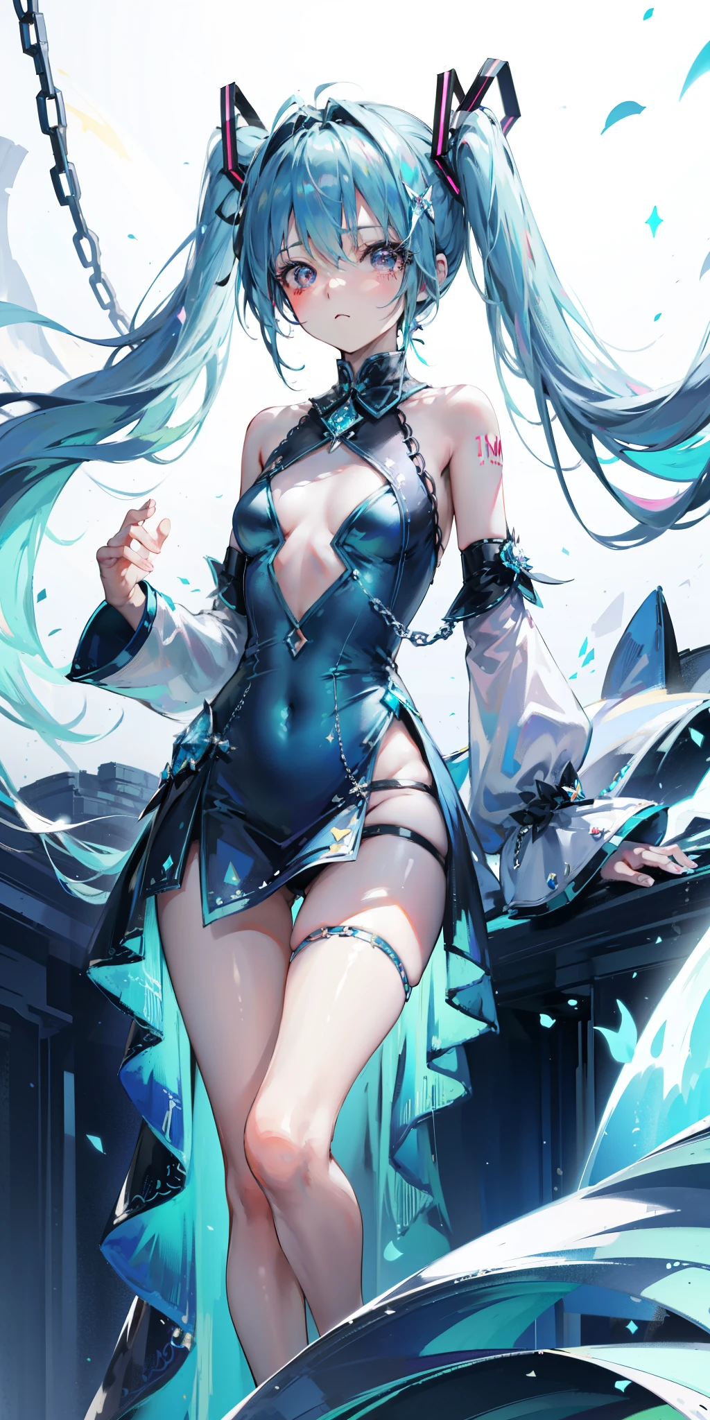 blue theme, Hatsune Miku portrait,masterpiece, magic , (Impossible Dress:1.5), mini skirt, Gradient background, Silver-blue hair, , Bangs,Side Chain, pink eyes, (ulzang-6500-v1.1:0.9), 中等Chest, Chest, Thigh gap, Hair accessories, arching back, Black_witch_have,complicated_decorate,mystery_fountain,luminescent_crystal