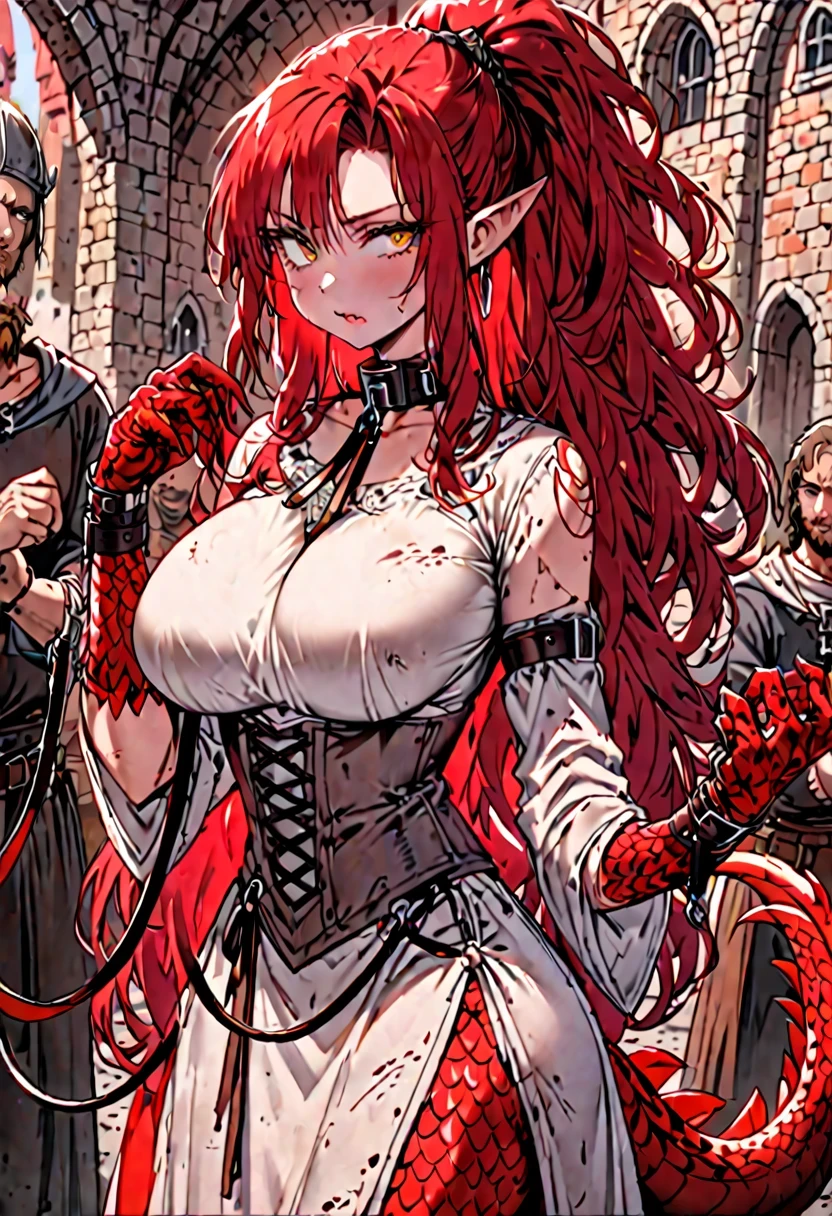 solo, female, sfw, medium shot, long hair, curly hair, big hair, ponytail, red hair, golden eyes, pointed ears, huge breasts, dressed in rags, rags, collar, leash, slave, auction, medieval, day, offering leash