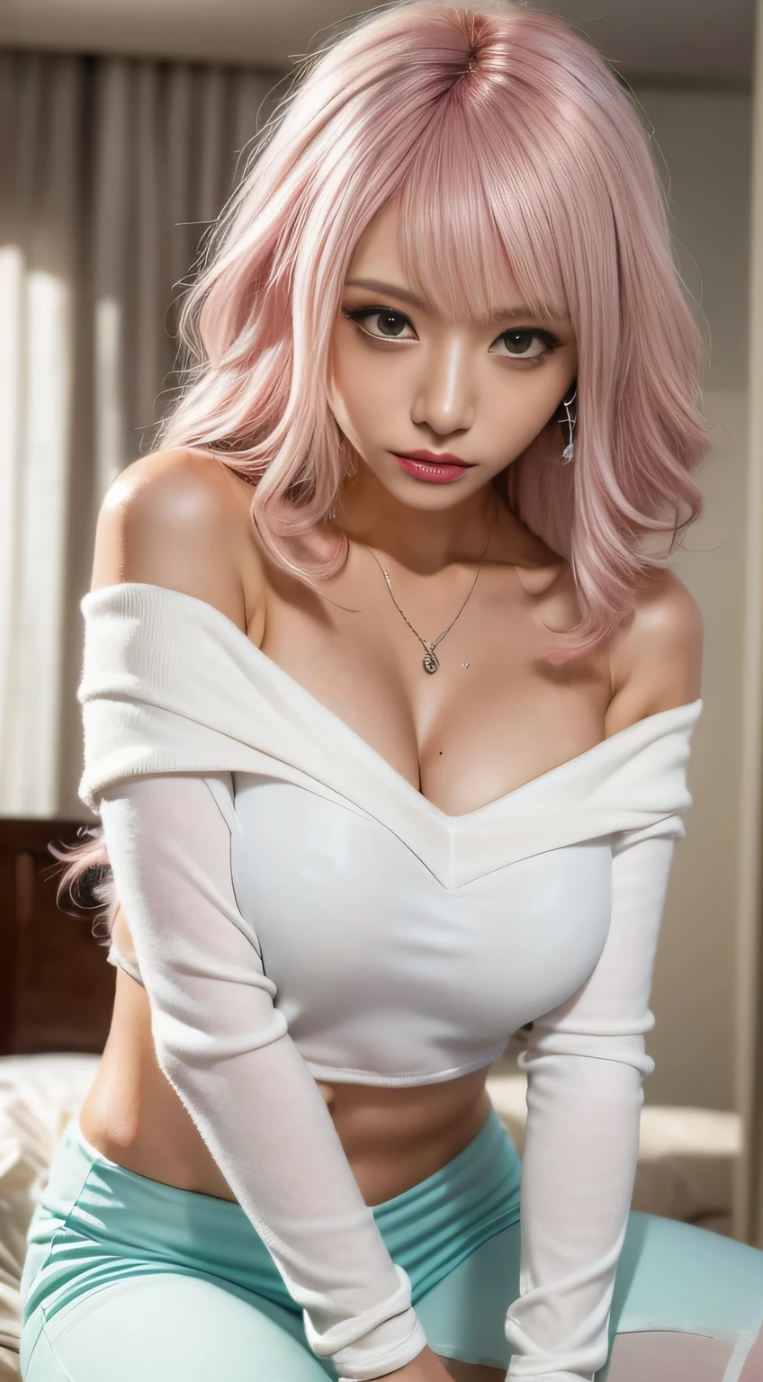 masterpiece, 8k, Award-winning photo, photoRealistic, Realistic, Very detailed, Ultra-high resolution, Japanese Idols Girls,Mature Woman,Wavy hair with bangs,(Bright rouge lips)　, ///one person, The most beautiful, 20-year-old , (sexy, Japanese Idols), (Pink Hair:1.3),ponytail///Human details Shiny skin , Detailed skin , Beautifully detailed face , Beautiful details , ///  (double eyelid, Droopy eyes), (Brightly colored large breasts:1.2), Sunburn, ///((Crossing your legs)), ///(bedroom:1.3), Blurred Background, /// jewelry,Earrings,necklace,(Sexy lips:1.5),(Sweaty body:1.5),plump,((Off-the-shoulder blouse)),tits,
///Finished ultra-Realistic textures, RAW Photos,Shine,(Body wet with white liquid:1.6)