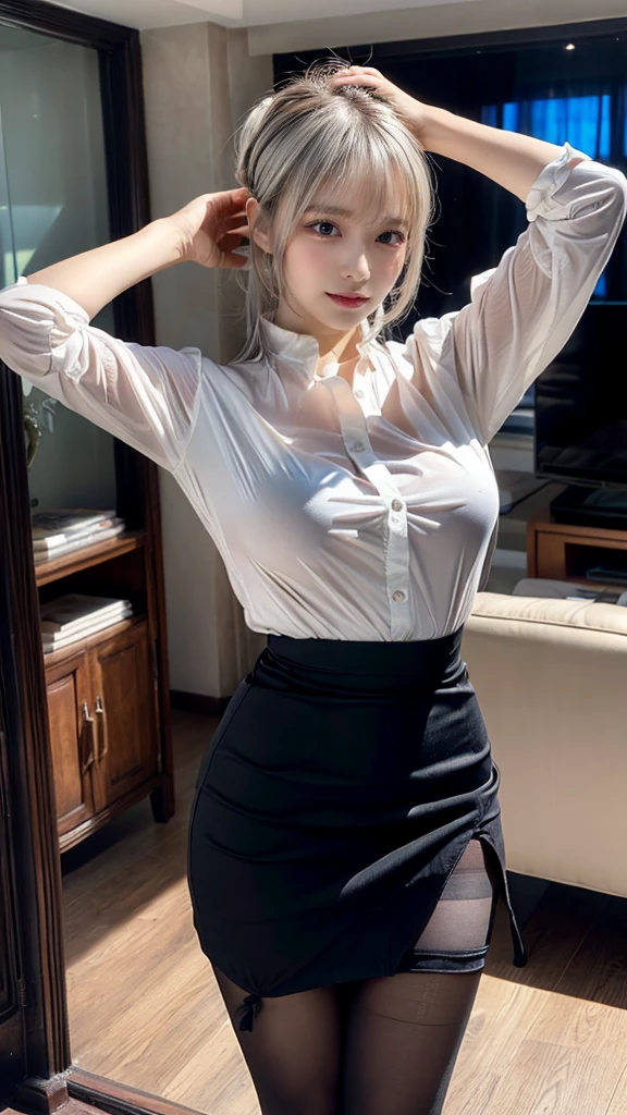 female sign, ((1 girl)), Ray tracing, (Dim lighting), (Detailed background (livingroom)), ((Silver hair)), ((Silver hair)), (Fluffy silver hair, plump and slender girl)) with high ponytail))) Avoid the golden eye in the sinister livingroom (((Girl in white shirt, black wrinkled skirt, with black transparent pantyhose), showing a delicate slim figure and graceful curves, perfect body shape, large breasts, Correct limbs, Hands behind the head, Hands behind the head, (kneeing), Eye details, Beautiful eyes, Delicate eyes, Protruding big