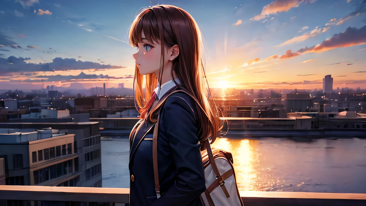 Anime girl looking out over a city at sunset - SeaArt AI