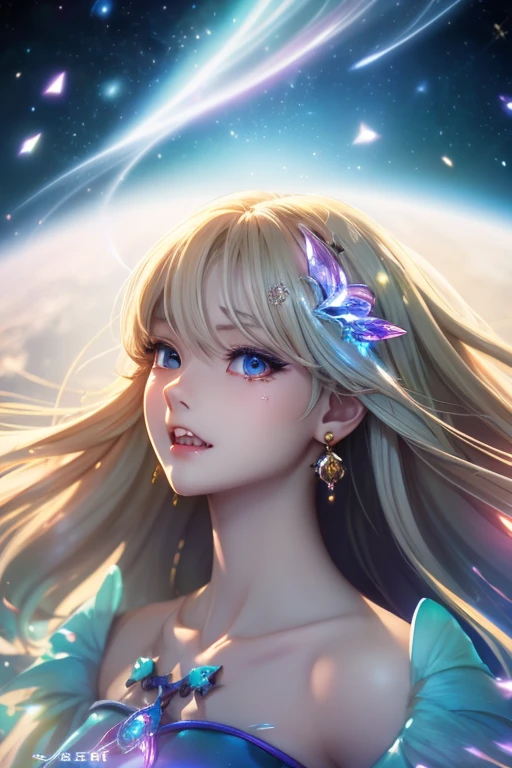 High quality CG illustration,((highest quality)), CG Animation((masterpiece)), (detailed), Perfect Face,
Beautiful fairy,Fairy,Fantasy,Armor,armor,Floundering clothes,A doll-like woman with wings, 16 years old,Archangel,, Look forward , Look up at the camera, Bright as morning,(Abysmal),(round, Symmetrical eyes),Delicate facial features,, (She has a mischievous smile),耳に大きなgemのearrings,(Blonde Hair),(Dramatic Pose),(Flashy photos), Upturned eyes, Cluttered picture，(Hair flying in the air:2.0),(Background vortices and currents),Dragon on background(Dramatic Light),(Nice views),Spectacular realism,,(Soft colors:1.2),超detailed,Dramatic Light,(複雑なdetailed:1.1), Complex background, Sparkling背景, Fractal Background,(Powerful Fangs:1.5) ,Portrait photos,A pale blue glowing sphere in both hands,背景Rainbow-colored,god秘的,,cute,Beauty,Anime Style,Anime CG,gem,shine,luxury,god々Aura,crystal,Gal,Heavy makeup,Eyelashes,Decoration,Facing forward,Anime Style,Sparkling,gem,左手にcrystalを持つご利益,Fortune telling,gold,luxuryなDecoration,luxuryな背景,noble,龍god,Aurora,Rainbow-colored,Rich man,wealthy class,Light blue hair,earrings,gemが沢山付いた服,prayer,gemの冠を持つ女性の接写, Anime Style 4k, detailedなDigital anime art, 8Kの高品質でdetailedなアート, Beautiful anime portraits, アニメFantasyアートワーク, アニメFantasyイラスト, anime art wallpaper 4k, anime art wallpaper 4k, Digital anime art,Anime Style. 8k,目線はFacing forward,