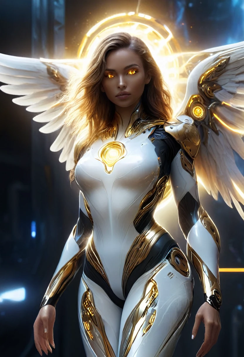 You have a mission!! task (((The most beautiful bionic angel in a perfectly tailored outfit in a given situation))), (give the solution!!), (((one rule is the golden ratio and white balance))), ((always draw hands and fingers correctly, correct them if you make a mistake)), In the darkness, a woman's figure is illuminated by a circular light that frames her head, young cyborgetic angelic female, complete body, Caucasian skin, short, body, bio cyborg body, show cleavage, bio cyborg arm's, curved lips, long fire hair, bio cyborg legs, battle Valhalla background, ultra detailed lighting, Translucent mechanical wing , ultrarealistic, 8k, neon golden eyes,
