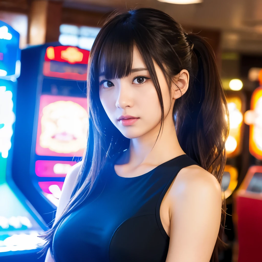 beautiful Japanese woman, Fascinating face, Ponytail-Hair, Wavy Posing, Thick Body, Gorgeous dress, Photographing the upper body, cinematic photograph, in Dark amusement arcade,