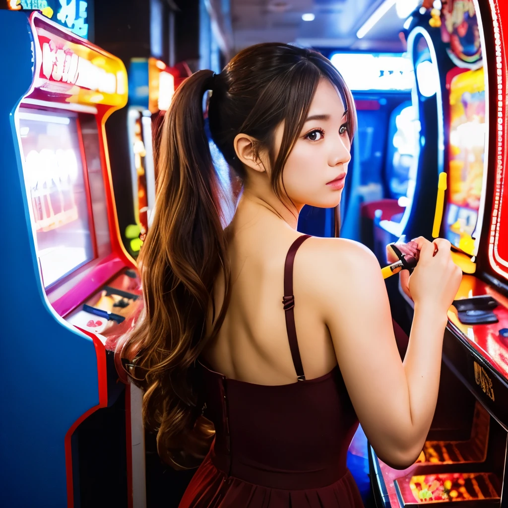 beautiful Japanese woman, Fascinating face, Brown Eyes, Ponytail-Hair, Wavy Posing, Thick Body, Gorgeous dress, Photographing the upper body, cinematic photograph, in Dark amusement arcade,