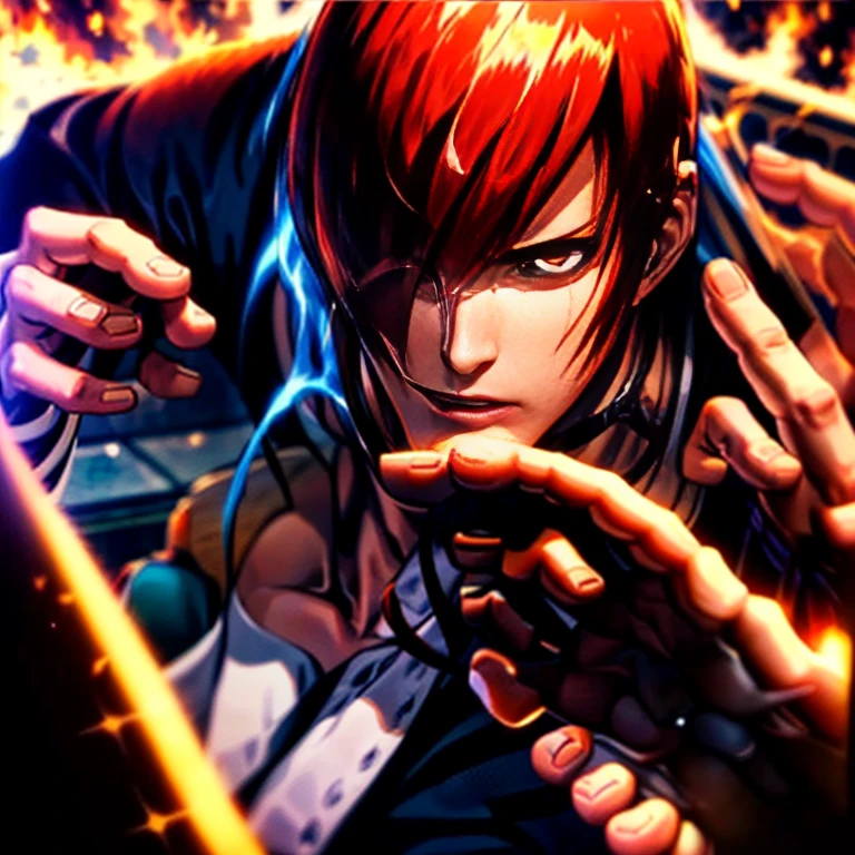 One hand is held like a cat、(Perfect details,masterpiece, Good details),(良い照明  Perfect details, Perfect eye details, Perfect anatomy details,(Iori Yagami, King of Fighters,), Iori Yagami, KOF,(original design：Yagami-an,),A perfect move with no mistakes, エラーのないPerfect details, Excellent anatomical details, Redhead,Sharp Eye