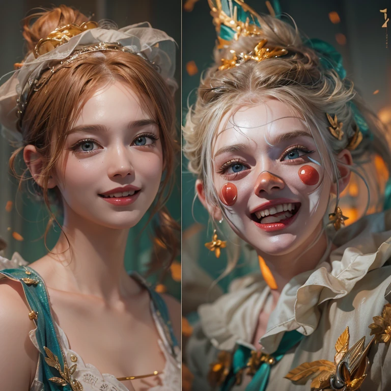 (masterpiece:1.3), (8k, Realistic, RAW Photos, Best image quality: 1.4), Fair-skinned fairy woman、short hair、Cleavage:2.0、Highly detailed face、Attention to detail、double eyelid、Sharp focus:1.2、Beautiful woman:1.4、highest quality、masterpiece、Ultra-high resolution、(Realistic:1.4)、Highly detailed and professionally lit smiles、Highly detailed line drawings reminiscent of Carne Griffith, (Donald Trump'clown:1.7), (balloon:1.4), With the power of Vadim Kassim'Bold colors and textures, Light and airy, Like the works of Carl Larsson, dark background, dark, evil, fire, Hyper-realistic characters in the style of Pascal Blanche, pastel, Grace, Drawithic lighting, Expressive camera angles, with, Concept Art, amusement park, masterpiece