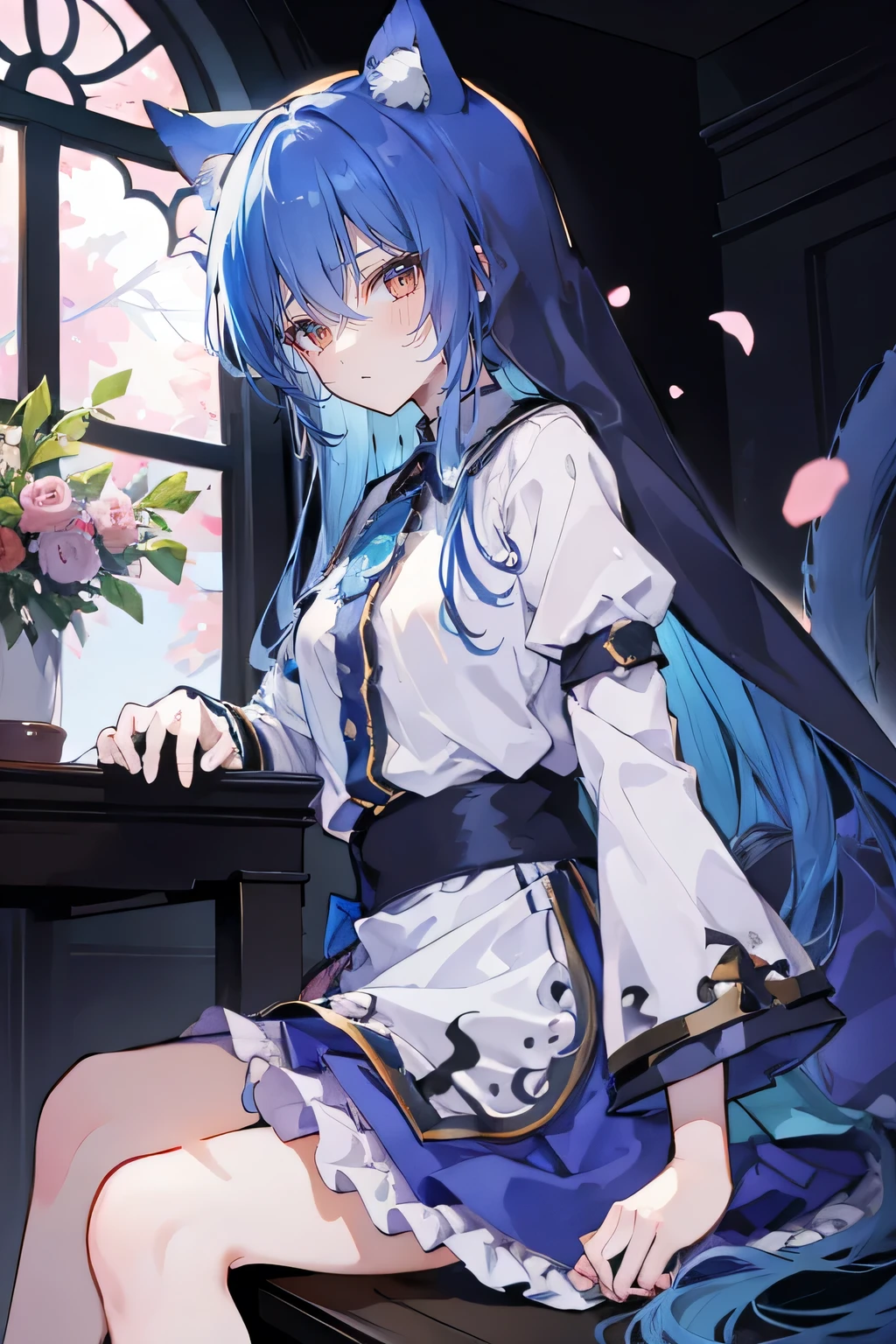 (masterpiece:1.2),Extremely detailed,Practical,expressive eyes,Fair skin,Perfect face shaping,1 Girl,
Japanese cartoons,Gorgeous blue hair, the long flowing blue hair,Floating clothes,Cat ears,Petals fall,beautiful lola,Young Angel,
Place your hands on your waist,sit elegantly on the ground,Cross your legs,Gentle and peaceful background,stately church,nun.