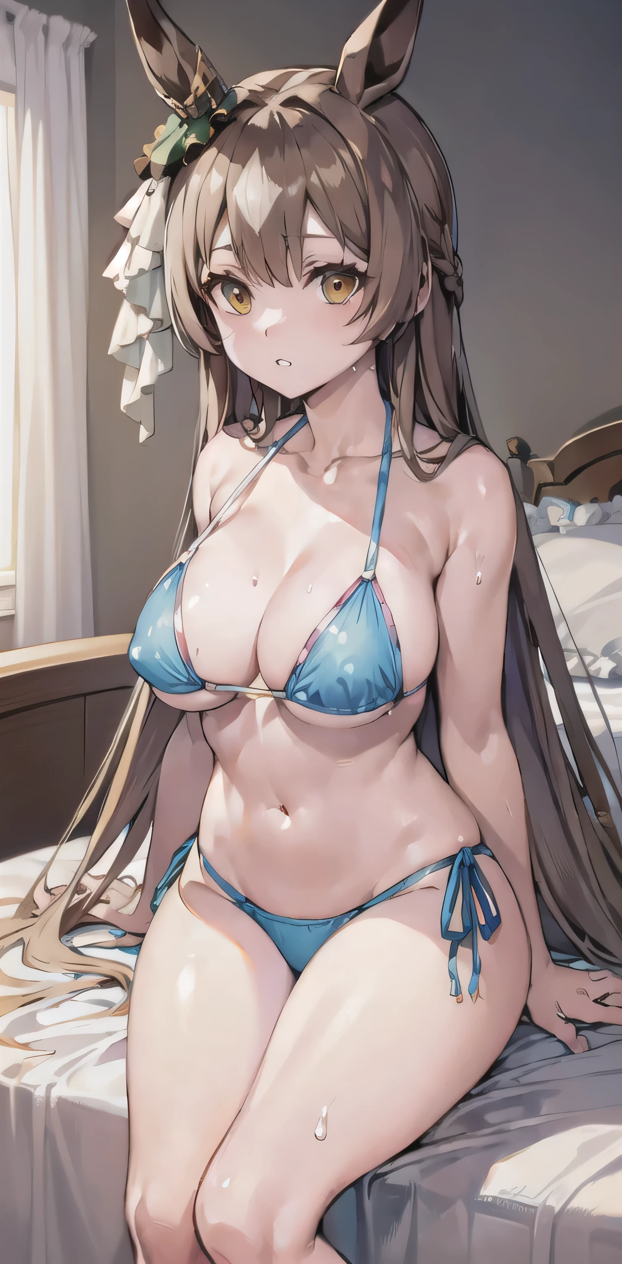 masterpiece, highest quality, close, Face shot, \(Umamusume\),((Light blue metallic ultra micro bikini))、Mansuji、See-through nipples、Sweat、sit、Leg spread、(Grown body、Large Breasts)、onthe bed、Lewd face、Facing forward