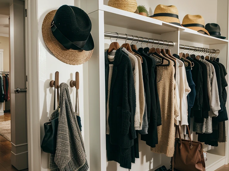 Entering the store, there were knitted clothes and bags and hats on the shelves. On the left is a hat, on the right is hanging clothes. And there were clothes hanging on the wall.