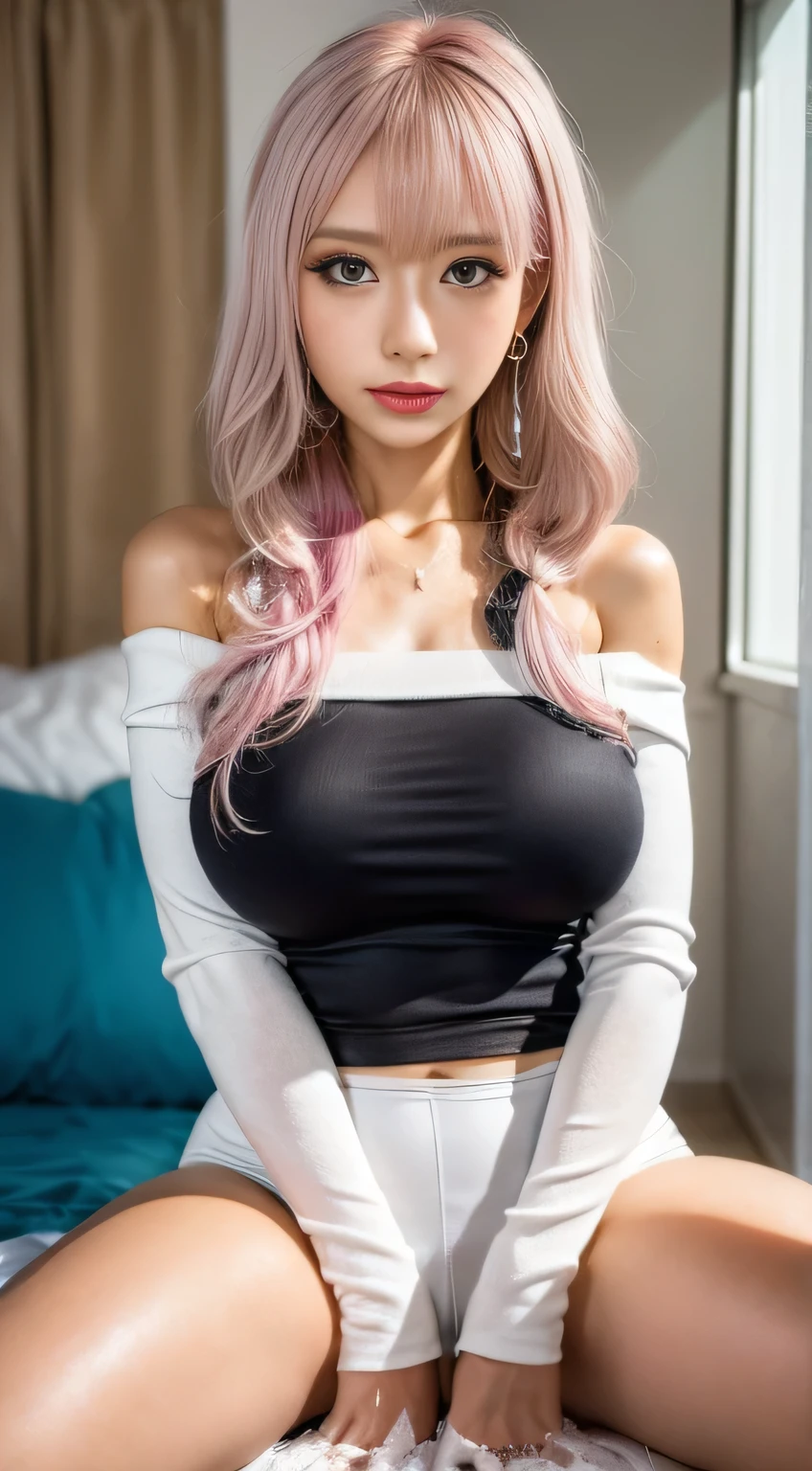 masterpiece, 8k, Award-winning photo, photoRealistic, Realistic, Very detailed, Ultra-high resolution, Japanese Idols Girls,Mature Woman,Wavy hair with bangs,(Bright rouge lips)　, ///one person, The most beautiful, 20-year-old , (sexy, Japanese Idols), (Pink Hair:1.3),ponytail///Human details Shiny skin , Detailed skin , Beautifully detailed face , Beautiful details , ///  (double eyelid, Droopy eyes), (Brightly colored large breasts:1.2), Sunburn, ///((Crossing your legs)), ///(bedroom:1.3), Blurred Background, /// jewelry,Earrings,necklace,(Sexy lips:1.5),(Sweaty body:1.5),plump,((Off-the-shoulder blouse)),tits,
///Finished ultra-Realistic textures, RAW Photos,Shine,(Body wet with white liquid:1.6)