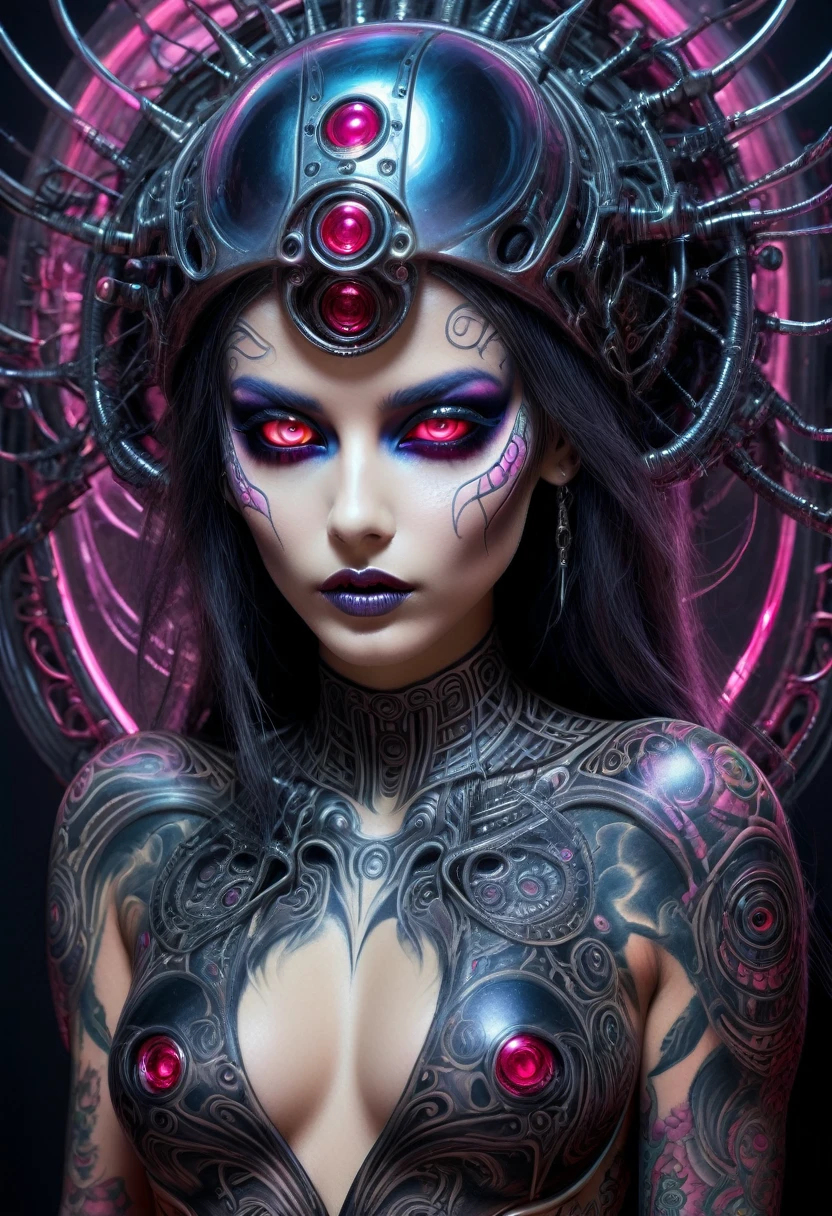 Hr giger tattooed sexy seductive dead girl, perfect face, hyper detailed neon ruby eyes, full body view,
