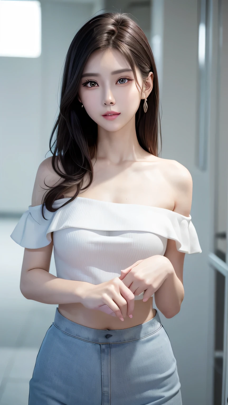Beautiful and attractive woman in fashion trends, Gentle and attractive Chinese beauty, Delicate and sexy collarbone, Attractive oval face, double eyelid, Clever pink eyes, Pink Lips, Small Nose, Exposing shoulders, Focus on the face, Face close-up, Ultra high definition, Very detailed, The white off-the-shoulder shirt matches perfectly with the light blue slit skirt., Fresh and impressive