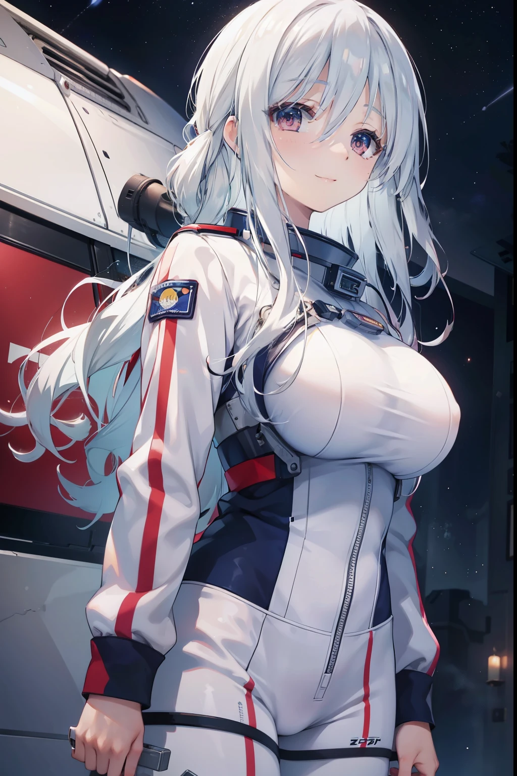  1woman,adult,big breast,25 years old,white hair, medium hair, astronaut uniform, standing, half Body photo, red eyes, bangs, smile