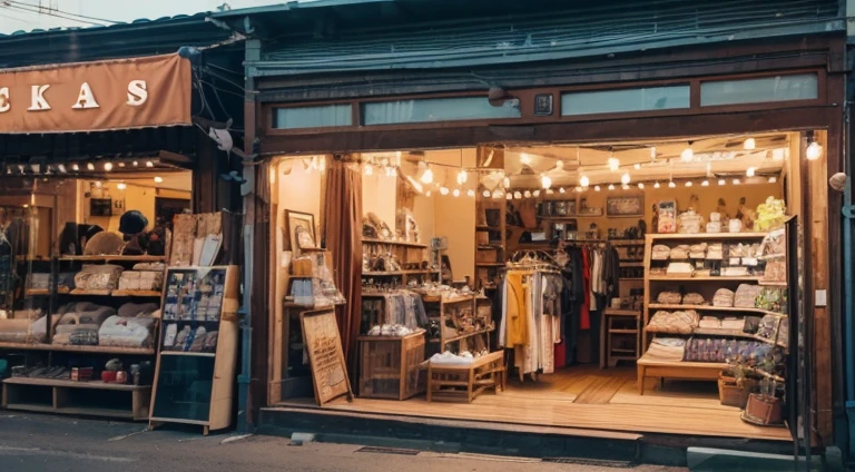Entering the store, there were knitted clothes and bags and hats on the shelves. On the left is a hat, on the right is hanging clothes. And there are clothes hanging on the wall, very beautiful.