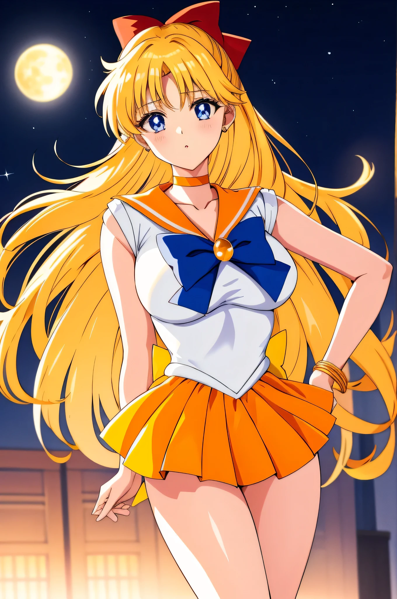 Top quality anime art、masterpiece、High definition anime art、Anime style 4K、High resolution、Sailor Warrior Uniform、Anime Auntie、Mature Woman、Mature Woman、Age Increase、Woman in her 40ILF、Minako Aino、Orange choker、Golden choker、bow、A woman with very long blonde hair、White gloves、Elbow Handbags、Orange Skirt、Golden Skirt、rating:safe、Sailor Venus、solo、Magical girl、Orange sailor collar、Gold sailor collar、Purple bow tie、Blue Eyed Woman、skirt、red_head_bow、yellow_back_bow、White leotard、High leg leotard、White Dress、jewelry、red_hair_bow、Earrings、A woman with very large breasts、Big Breasts、Circlet、mini skirt、Pleated skirt、Half Up Hair、violet _bowtie、Cowboy Shot、looking_at_viewer、Night Sky、A woman is standing、shiny、moon、expressionless、Bare shoulders、Bare legs、(1990s\(style\):0.9)、