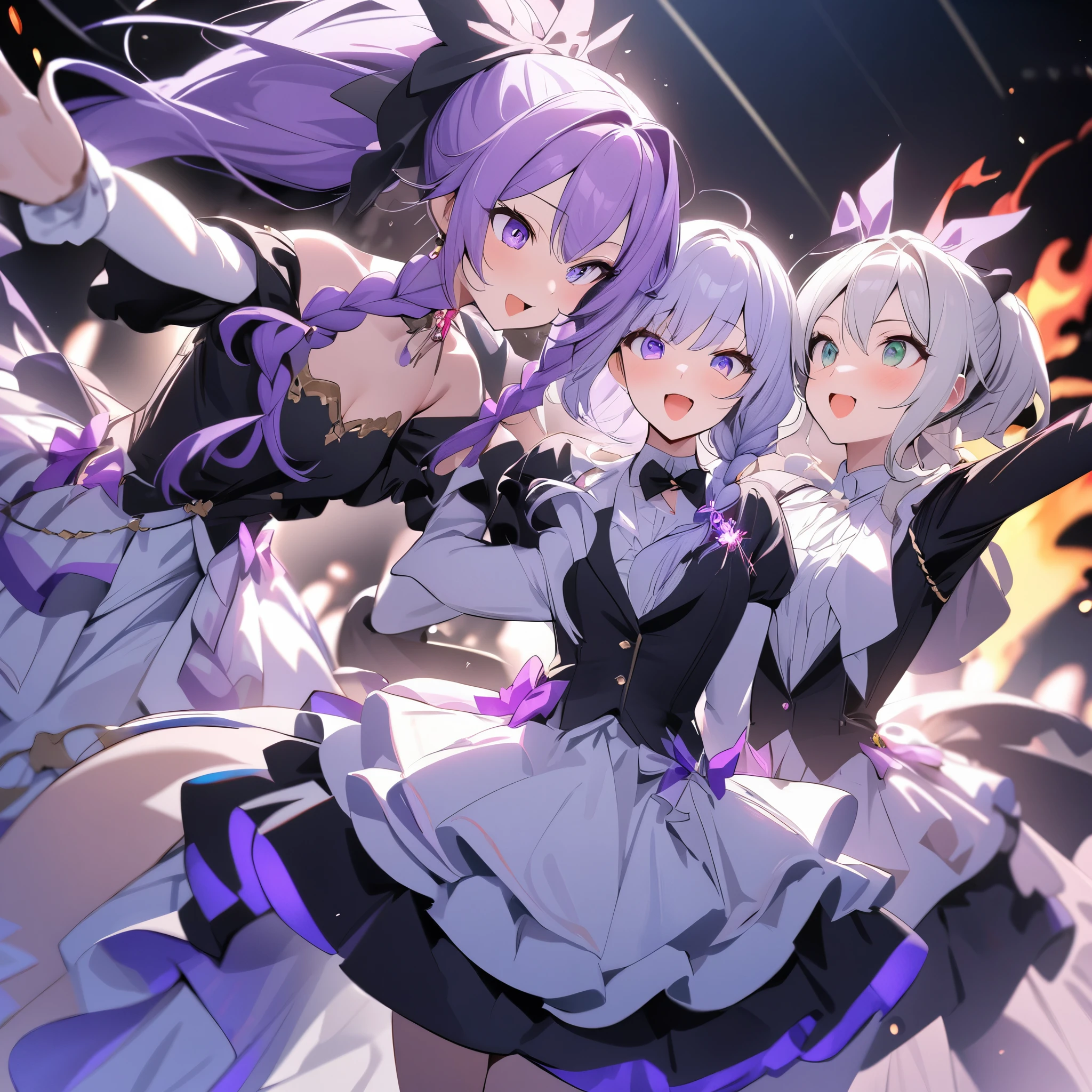 (Purple white gradient double braid long ponytail, cool, personalized, brave),(2people),(2person),(2girls side by side),(look at each other),2people,2person(multi girls),(1boy),(2rbgirl),(2girls),Idols shine brightly on stage, interpreting the charm of music with their gorgeous costumes, elegant dance moves, and affectionate eyes, leading the audience to immerse themselves in a soul shaking performance. Brilliant, dazzling, stunning, passionate, full of vitality, dreamlike, gorgeous, dazzling, charming, colorful, lively, vibrant, captivating, visually grand, dynamic, passionate, and full of tension, passionate burning, and colorful,(masterpiece, best quality:1.2)