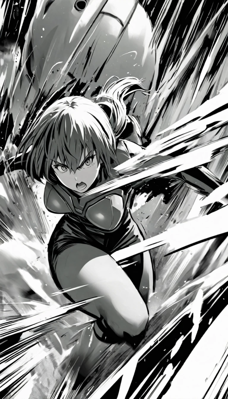 black and white manga, ghost in the shell, motoko kusnagi and tachikoma, action shot, dynamic action, pencil style