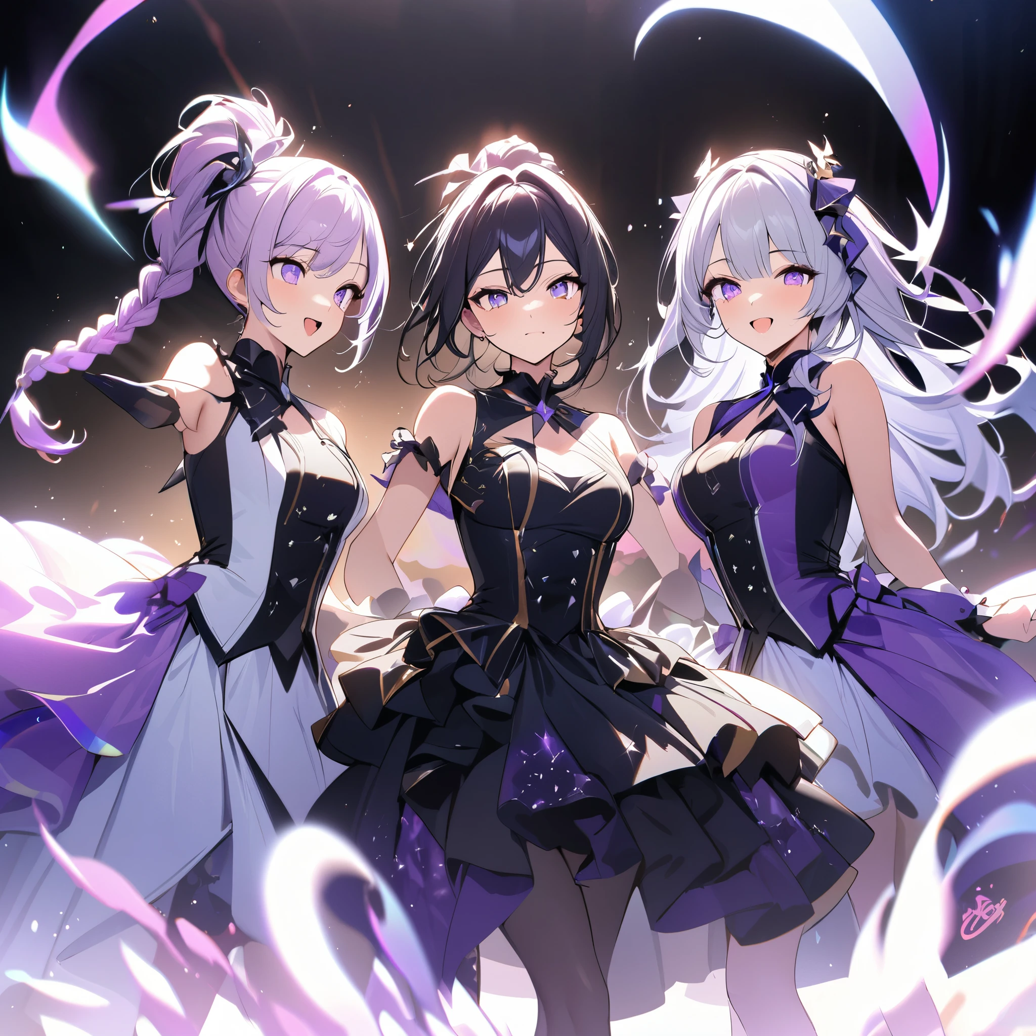 (Purple white gradient double braid long ponytail, cool, personalized, brave),(2people),(2person),(2girls side by side),(look at each other),2people,2person(multi girls),(1boy),(2rbgirl),(2girls),Idols shine brightly on stage, interpreting the charm of music with their gorgeous costumes, elegant dance moves, and affectionate eyes, leading the audience to immerse themselves in a soul shaking performance. Brilliant, dazzling, stunning, passionate, full of vitality, dreamlike, gorgeous, dazzling, charming, colorful, lively, vibrant, captivating, visually grand, dynamic, passionate, and full of tension, passionate burning, and colorful,(masterpiece, best quality:1.2)