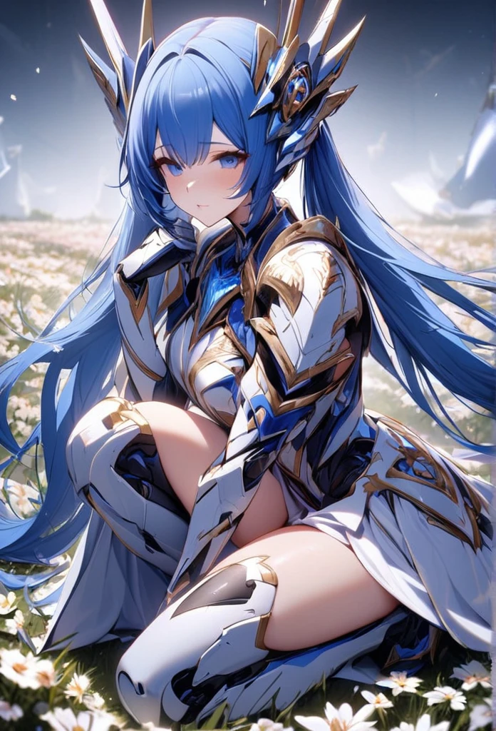 High quality, high definition, hig
h precision images,8k 1 Girl Robot Girl、Blue hair,Twin tails,blue eyes、A field of flowers,
,Blue and white clothing,He's wearing flashy robot armor、luxurious headgear、Kneel up on one knee in the flower field sit 、I close my eyes and pray