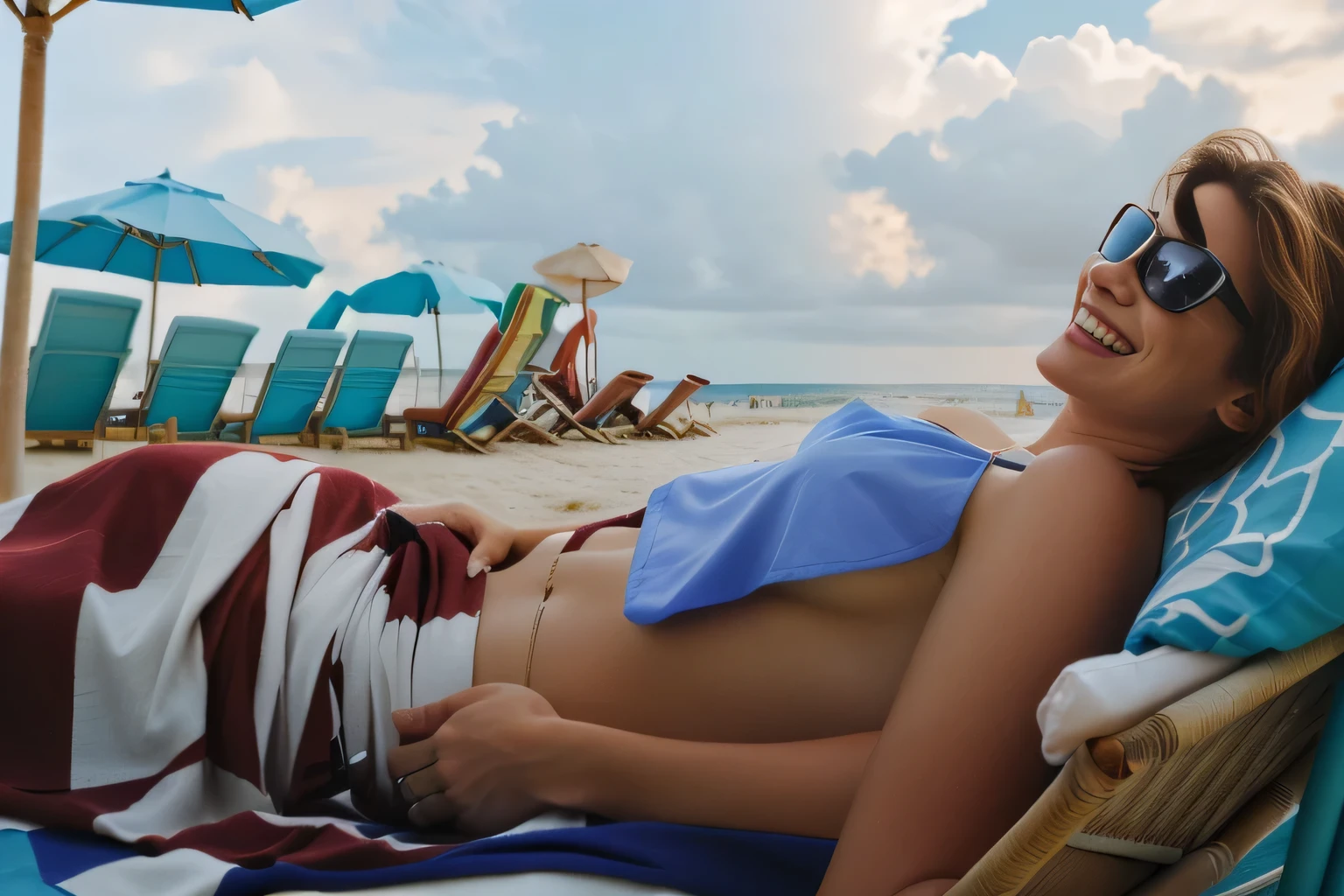 A woman lies on a beach chair, wrapped in a blanket and smiling at the camera. She has glasses on her face and is wearing a white blouse. sunbathing on the beach, relaxing on the beach, beach photo, lying on the sand, over the shoulder view, above - shoulder photo, half body close-up photo, over the shoulder photo, on a beach, belly button showing. The background features other sun loungers under a cloudy sky. colorful umbrellas, blue chairs and the ocean.