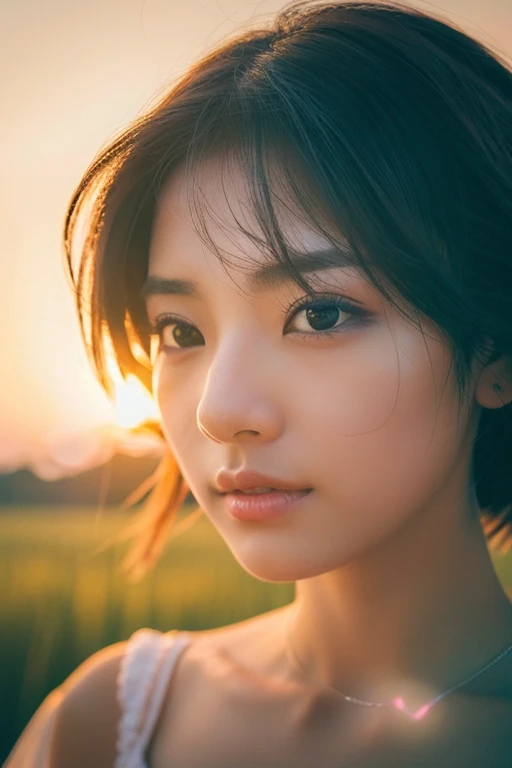 Japanese beautiful girl, ((Fisheye Lens, )) Wind, sunset, Wheat field、, (Aesthetics and atmosphere:1.2),笑顔の美しいwoman、8k、Ultra HD、woman1人((highest quality, 8K, masterpiece: 1.3)), woman (Wearing a white dress), Dancing,Sharp focus: 1.2, cute woman: 1.4, (((Random hairstyle)), Highly detailed face、skin、Hair Texture, detailed eyes, double eyelid, 白いskin, Beautiful and delicate nose, かわいい若い日本のwoman, 28 years old, At a dynamic angle, Pleasant to the eye、Thought-provoking composition, Emphasize the subject's hair, Words and actions, The muted tones and contrast of light and shadow create a melancholic feeling.,