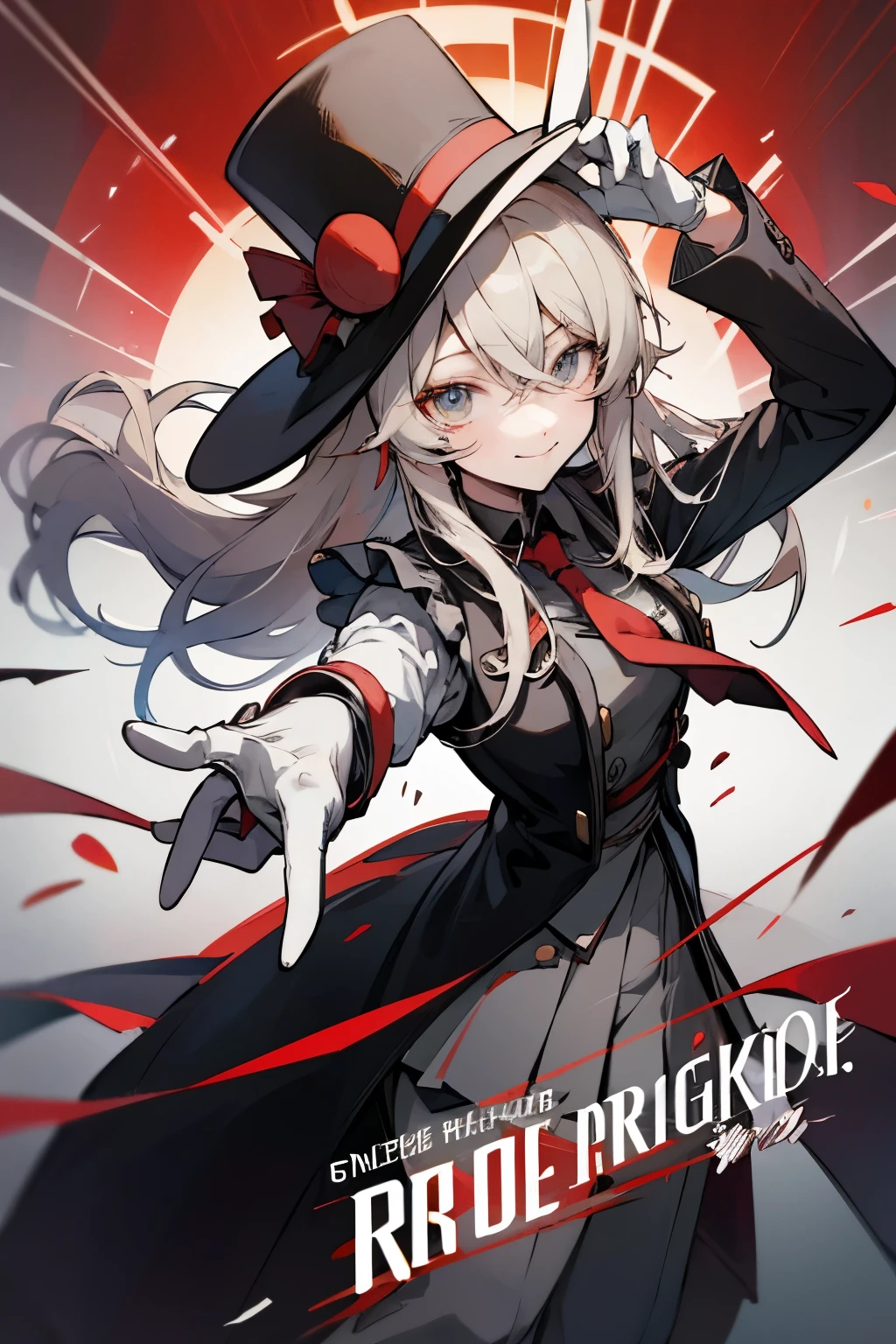 anime anime character with a hat and a crowd of people, circural, kawacy, anime key visual of elegant, inspired by Li Chevalier, from arknights, anime cover, from girls frontline, l vampire, ( ( ( anime ) ) ), ring leader, hand on hat, middle, circus leader, professional, magician, performer, entertainer, german, germany, suit, tophat, tie, open vest, half skirt, pants, light hair, white blonde hair, grey hair, red tie, gloves, long sleeves, black coat, dynamic pose, performer magician, circus leader, top hat, magician's hat, bunny, cute, sharp eyes, smile, white gloves, magic performer