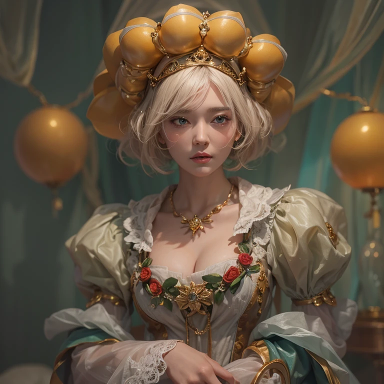 (masterpiece:1.3), (8k, Realistic, RAW Photos, Best image quality: 1.4), Fair-skinned fairy woman、short hair、Cleavage:2.0、Highly detailed face、Attention to detail、double eyelid、Sharp focus:1.2、Beautiful woman:1.4、highest quality、masterpiece、Ultra-high resolution、(Realistic:1.4)、Highly detailed and professionally lit smiles、カーネ・グリフィスを彷彿andさせる非常に詳細な線画, (Donald Trump'clown:1.7), (balloon:1.4), With the power of Vadim Kassim'大胆な色彩and質感, Light and airy, Like the works of Carl Larsson, dark background, dark, evil, fire, パスカル・ブランシュ風の超Realisticなキャラクター, pastel, Grace, Draandic lighting, Expressive camera angles, and, Concept Art, amusement park, masterpiece