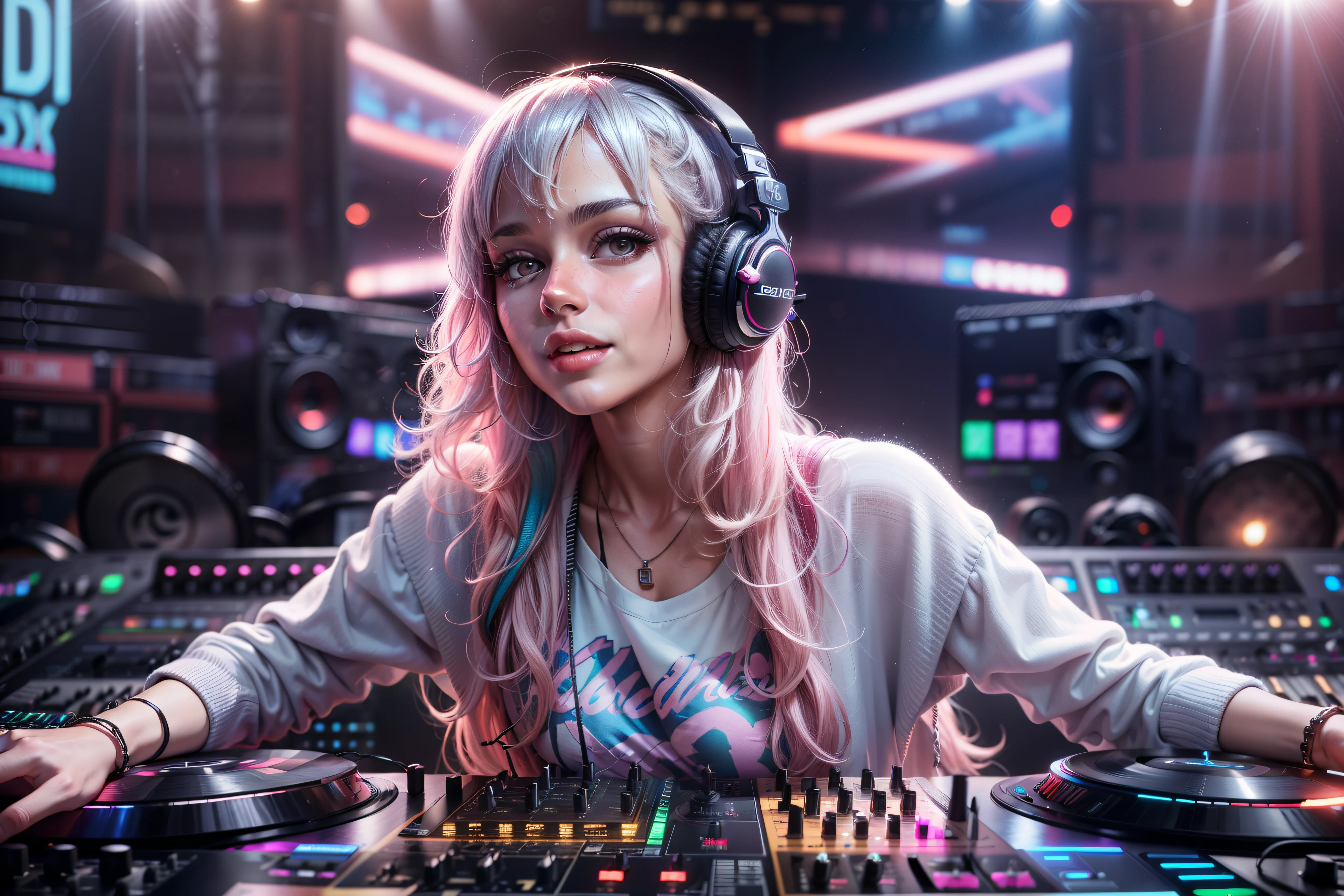 (ultra - detailed, 16K resolution, Cinema lenses，rendering by octane),A young chick woman，Has straight white and pink hair, Wearing silver DJ headphones, Shiny silver sequined T-shirt, (Signature hip-hop pop outfit:1.3), Smile while DJing on stage.Standing in front of the DJ equipment Full body shot, The spotlight shines on the female DJ. Realistic style photography by Disco Lighting
Wait for it to start
