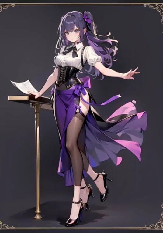 Purple hair,long hair,Adult female,(Bartender),((Body harness)),((Rolling up your sleeves shirt)),(Corset),(long skirt),(high heels),((Simple background)),Smile,((Full body)),((whole body)),Character Sheet,