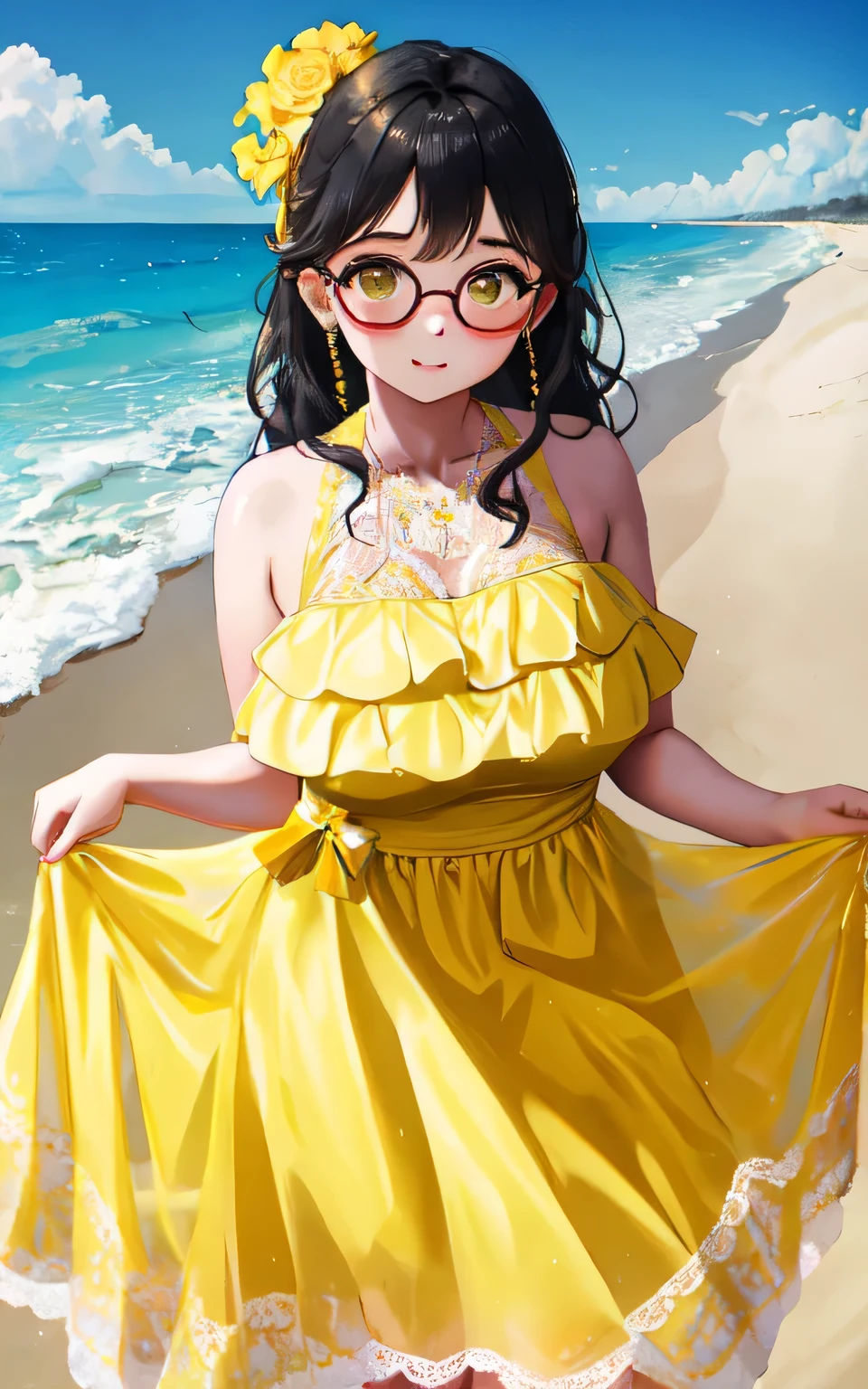 A *************** with big breasts, plump figure, round, dressed in a baby yellow wedding dress, lace bikini, bikini with lace cutouts, on the beach, glasses and wearing a thin tulle