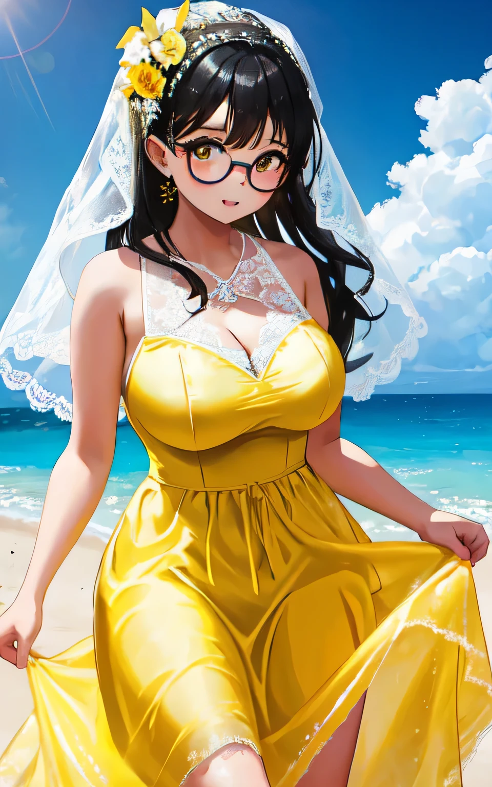 A *************** with big breasts, plump figure, round, dressed in a baby yellow wedding dress, lace bikini, bikini with lace cutouts, on the beach, glasses and wearing a thin tulle