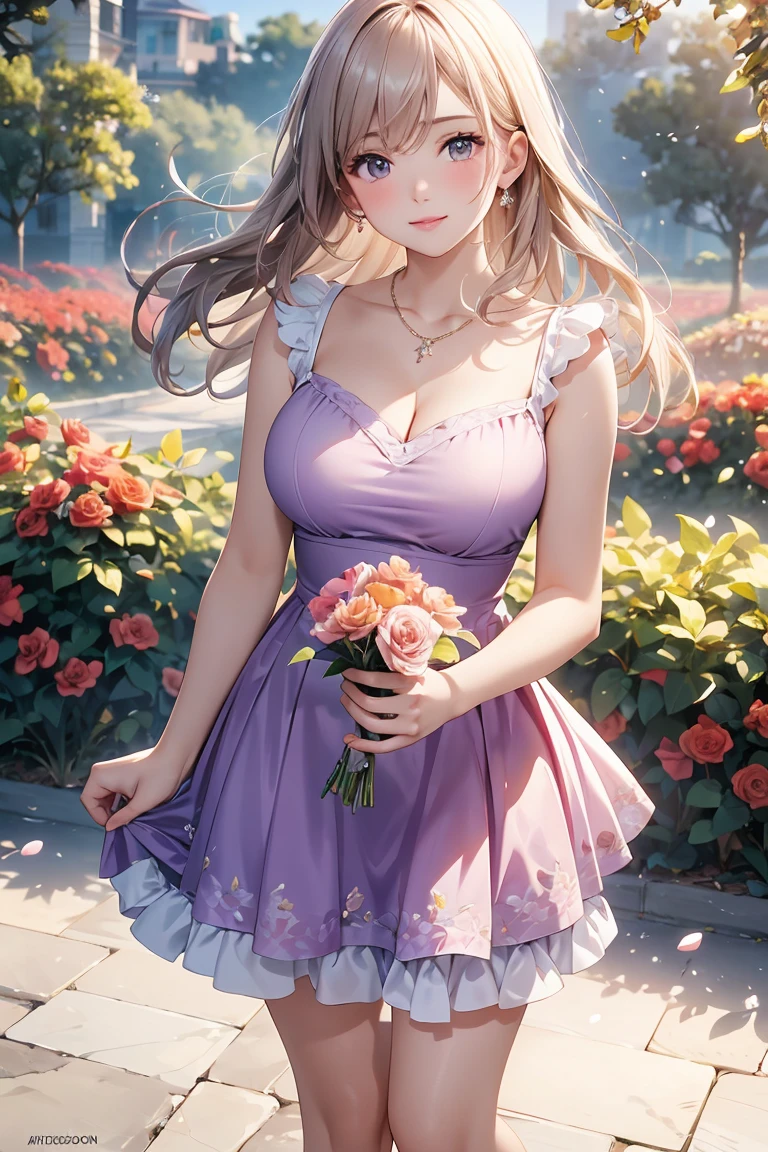 highest quality, (Ultra-high definition 4K), (Ultra High Resolution 8K), Photorealistic, Bright colors, High-definition facial beauty, Beautiful Hair, ((Lip gloss)), (Big and ample breasts), pretty girl, Standing model, Holding a bouquet of red flowers in both hands, Diamond Necklace, Lavender violet dress with beaded embroidery, garden, Flowers, sunlight, Gentle breeze, (Soft lighting, Rendered), Moderate: oil, 35mm f/1.8, Photographed with Sony FE GM