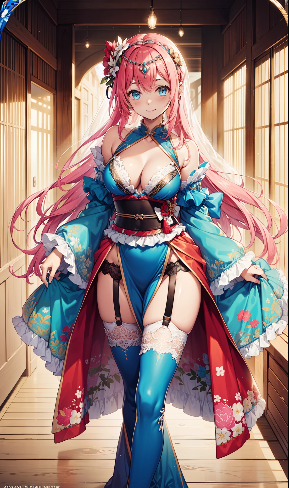 (best quality, high resolution, Textured Skin, high quality, High Detail,Extremely detailed CG Unity), Girl，obsessed，Divine happiness，in love，(Swimwear and Kimono:1.2)，Pink Hair，blue eyes，(Fabric headdress minimalism，Multi-layer delicate ruffles，lots of lace，Multi-color cloth，Exquisite embroidery，Exquisite patterns，Fabric headdress，Exquisite clothing，See through transparent clothes，bedroom，night，(Dazzle:1.2)，light，The only one，The skirt flutters，Carved garter stockings，happy